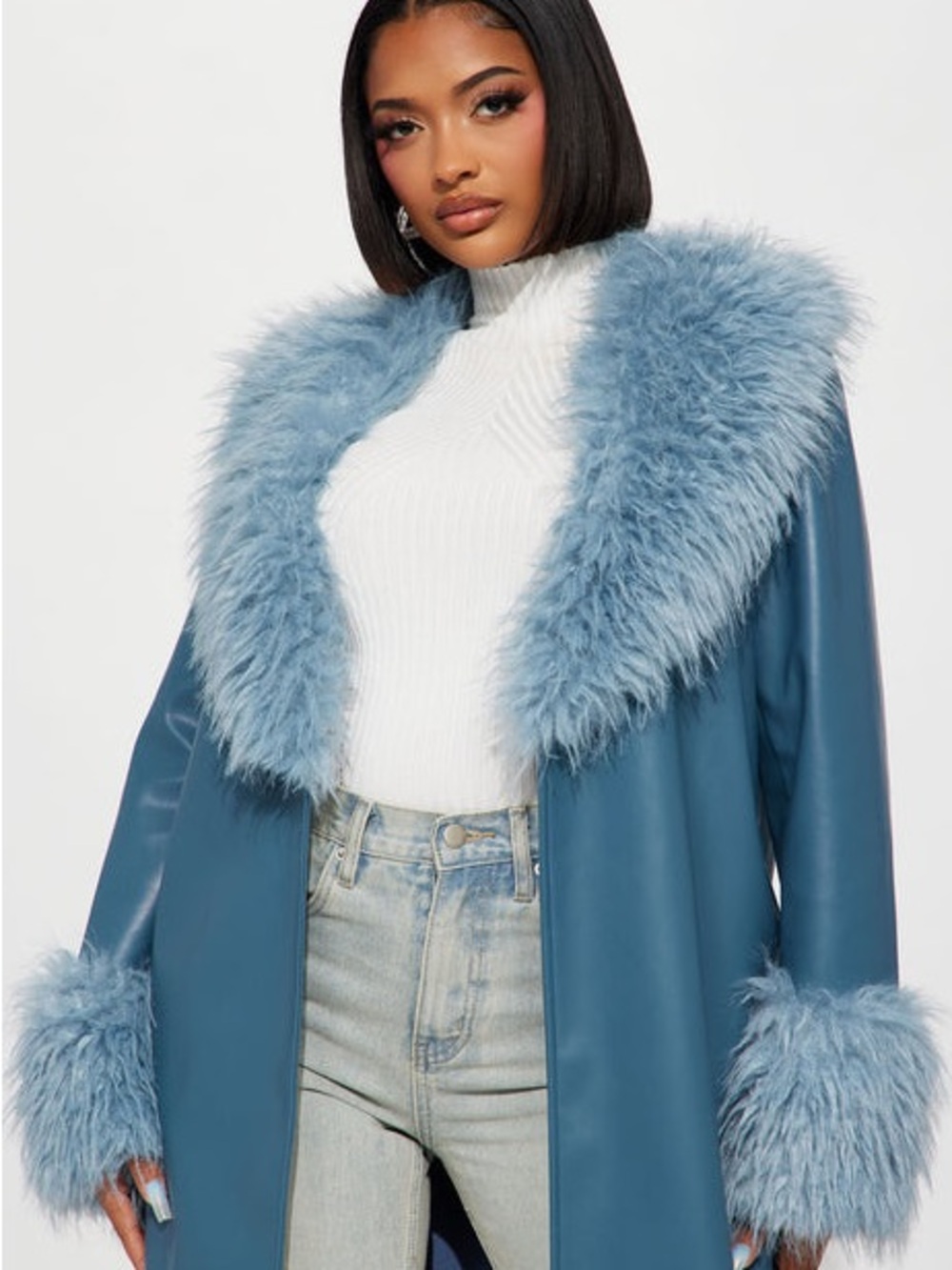 Fashion Nova Teal Blue Faux Fur Trim Trench Coat